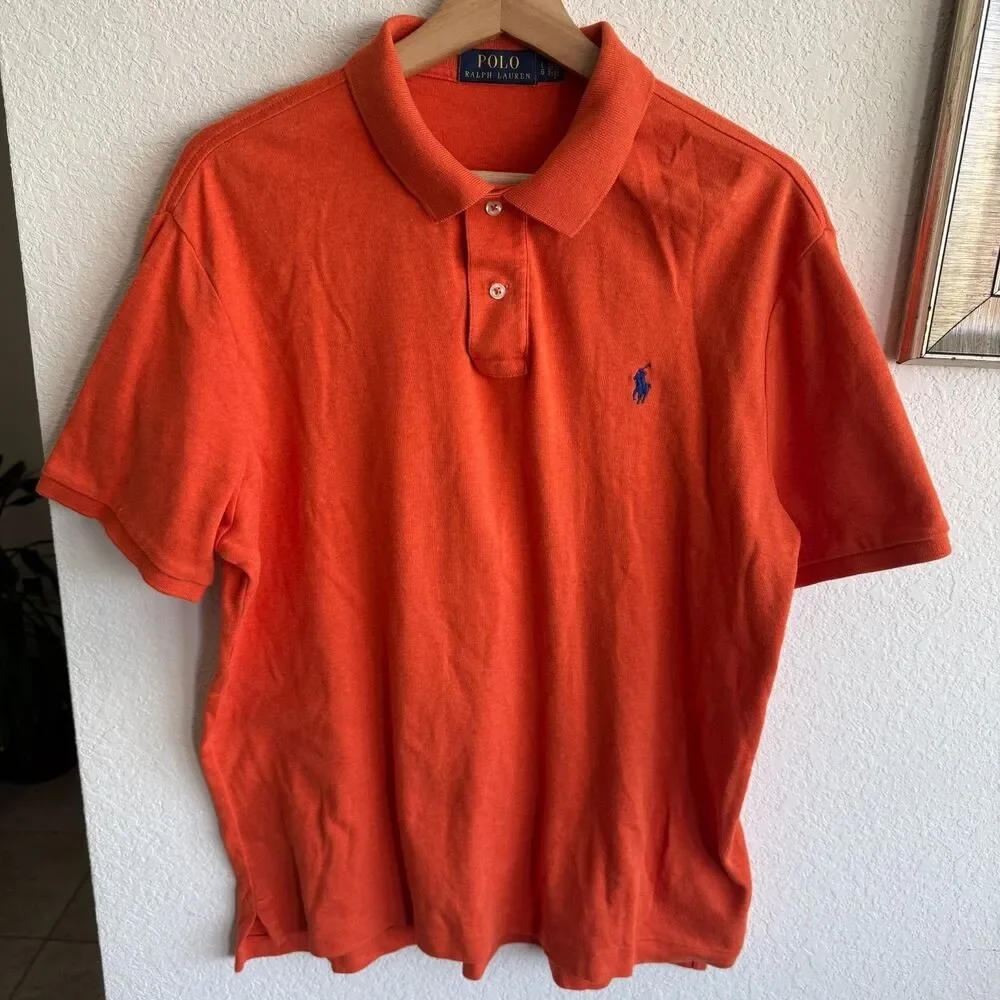 L Polo Ralph Lauren Men's Polo Shirt Custom Fit Short Sleeves Pony Logo Orange